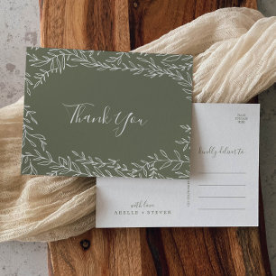 Minimal Leaf   Dark Green Thank You Postcard