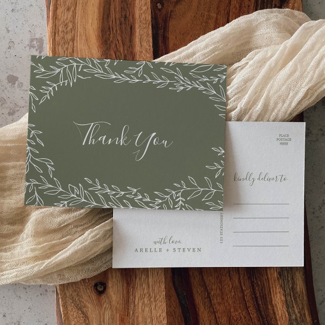 Minimal Leaf | Dark Green Thank You Postcard (Creator Uploaded)