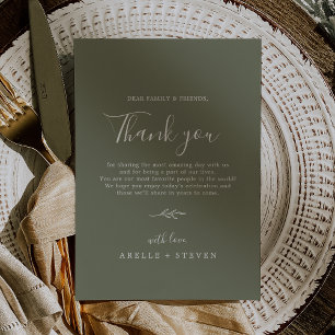 Minimal Leaf   Dark Green Thank You Reception Card