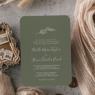 Minimal Leaf Dark Green Traditional Wedding Invitation