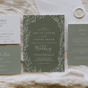 Minimal Leaf Dark Green Wedding Invitation