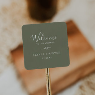 Minimal Leaf   Dark Green Wedding Welcome Square Sticker
