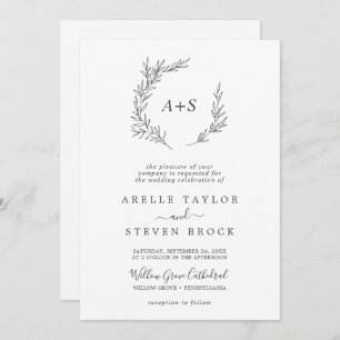 Minimal Leaf Dark Grey All In One Wedding Invitation