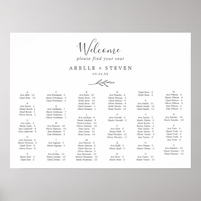 Minimal Leaf Dark Grey Alphabetical Seating Chart (Front)