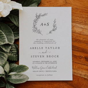 Minimal Leaf Dark Grey Formal Monogram Wedding Invitation