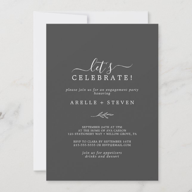 Minimal Leaf | Dark Grey Let's Celebrate Invitation (Front)