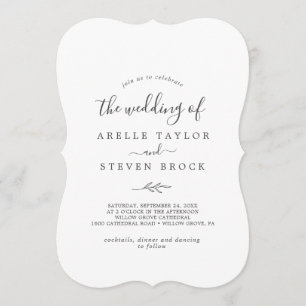Minimal Leaf Dark Grey Monogram Back Wedding Invitation