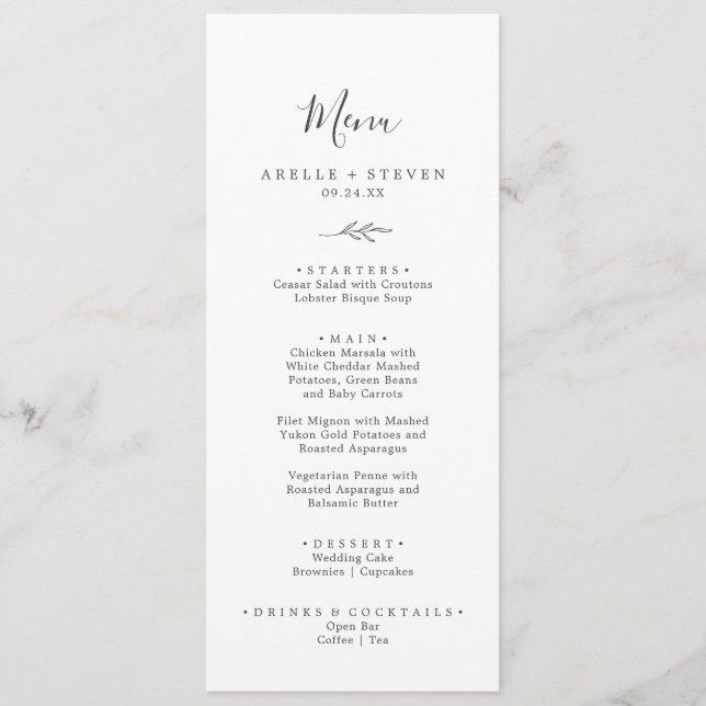 Minimal Leaf | Dark Grey Wedding Dinner Menu (Front)