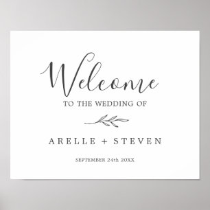 Minimal Leaf Dark Grey Wedding Welcome Poster