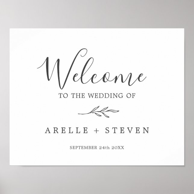 Minimal Leaf | Dark Grey Wedding Welcome Poster (Front)