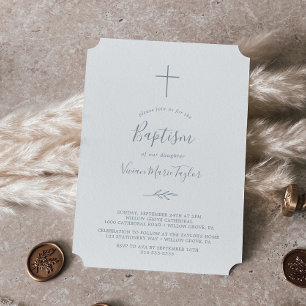 Minimal Leaf   Dusty Blue Baptism Invitation