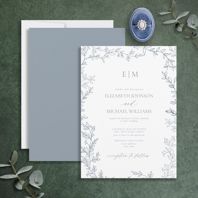 Minimal Leaf Dusty Blue Elegant Monogram Wedding Invitation (Creator Uploaded)