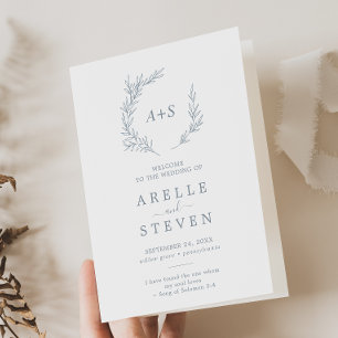 Minimal Leaf Dusty Blue Folded Wedding Programme