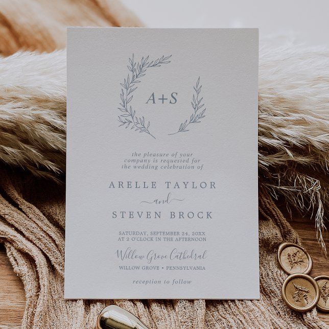 Minimal Leaf | Dusty Blue Formal Monogram Wedding Invitation (Creator Uploaded)
