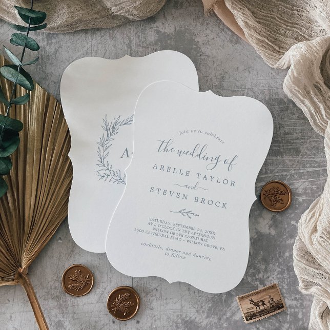 Minimal Leaf | Dusty Blue Monogram Back Wedding Invitation (Creator Uploaded)