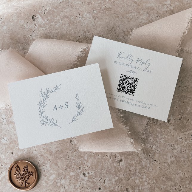 Minimal Leaf | Dusty Blue QR Code Monogram RSVP Enclosure Card (Creator Uploaded)
