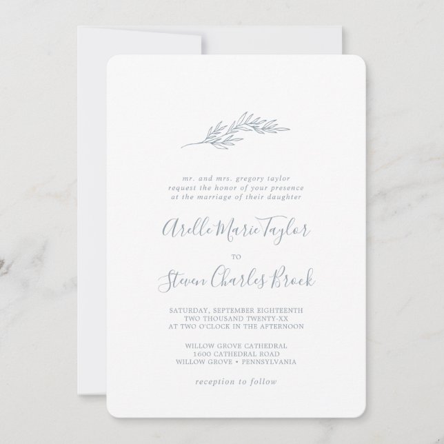 Minimal Leaf | Dusty Blue Traditional Wedding Invitation (Front)