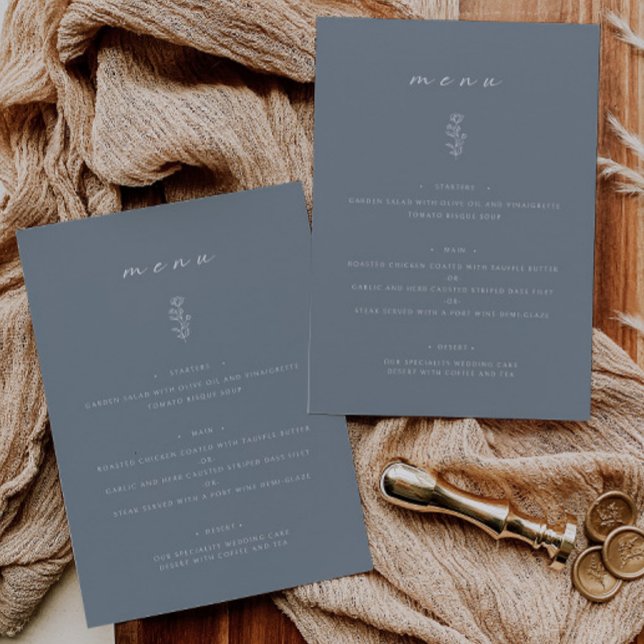 Minimal Leaf Dusty Blue Wedding Dinner Flat Menu (Creator Uploaded)