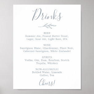 Minimal Leaf   Dusty Blue Wedding Drinks Menu Sign