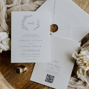 Minimal Leaf Dusty Purple Monogram QR Code Wedding Invitation