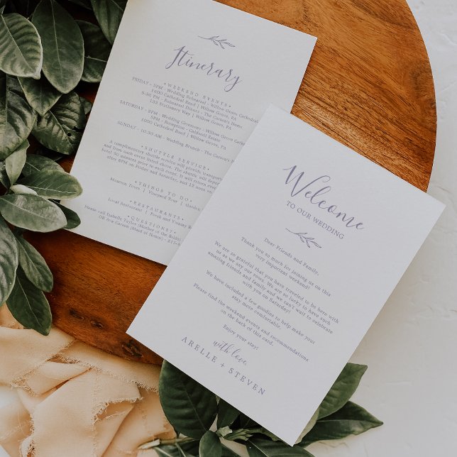Minimal Leaf Dusty Purple Welcome Letter Itinerary (Creator Uploaded)