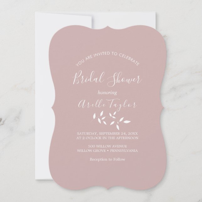 Minimal Leaf | Dusty Rose Bridal Shower Invitation (Front)