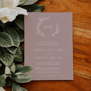 Minimal Leaf   Dusty Rose Formal Monogram Wedding Invitation
