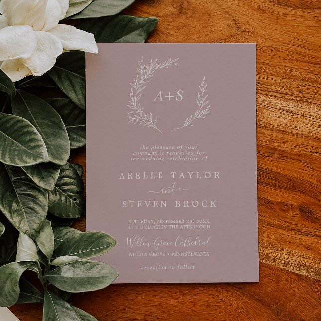 Minimal Leaf | Dusty Rose Formal Monogram Wedding Invitation (Creator Uploaded)
