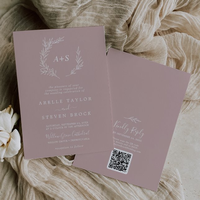 Minimal Leaf | Dusty Rose Monogram QR Code Wedding Invitation (Creator Uploaded)