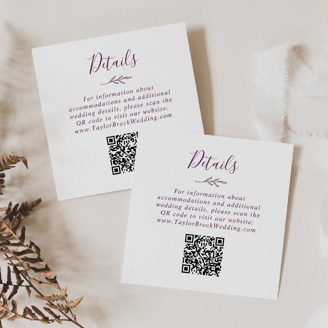 Minimal Leaf | Eggplant QR Code Wedding Details Enclosure Card (Creator Uploaded)