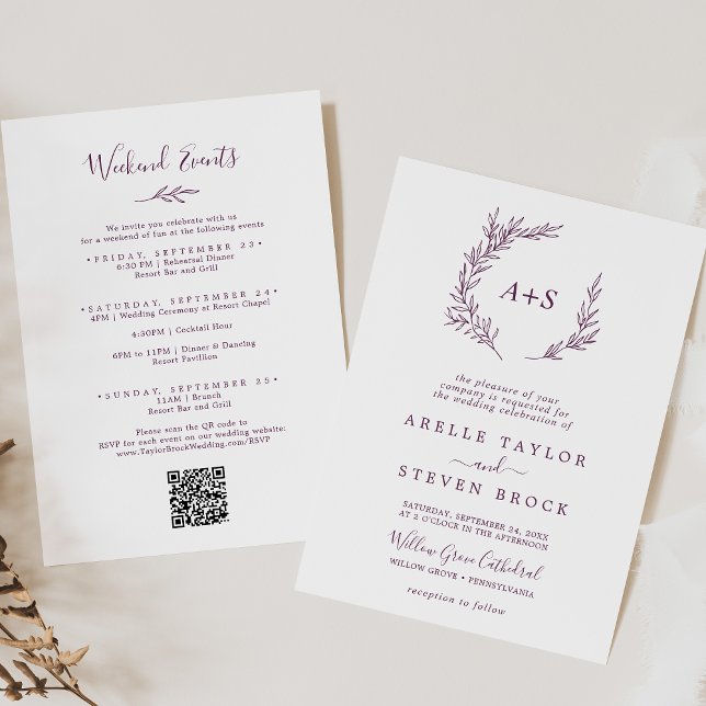Minimal Leaf | Eggplant Weekend Events Wedding Invitation (Creator Uploaded)