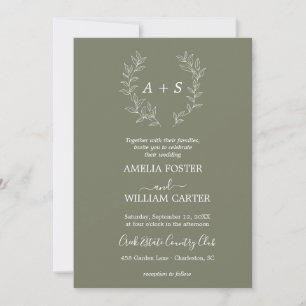 Minimal Leaf Formal Monogram Wedding Invitation