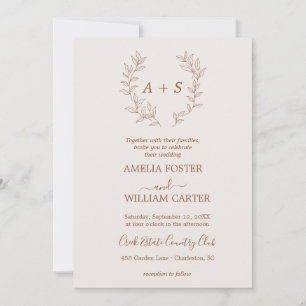 Minimal Leaf Formal Monogram Wedding Invitation