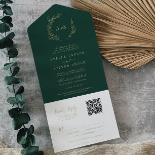 Minimal Leaf   Gold and Emerald QR Code Wedding All In One Invitation