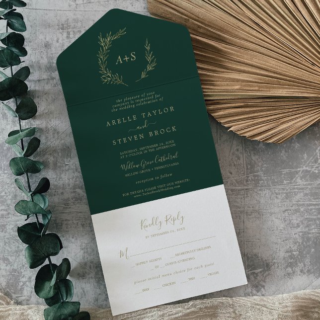 Minimal Leaf | Gold and Emerald Wedding All In One Invitation (Creator Uploaded)
