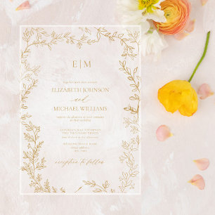 Minimal Leaf Gold Elegant Monogram Wedding Acrylic Invitations