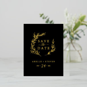Minimal Leaf   Gold Foil Black Save the Date Invitation Postcard