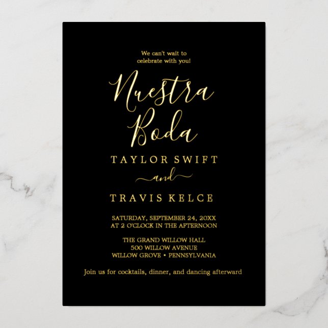 Minimal Leaf Gold Foil Black Spanish "Nuestra Boda (Front)