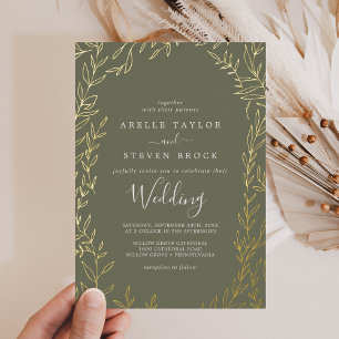 Minimal Leaf Gold Foil Dark Green Wedding