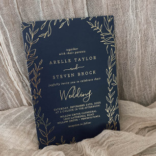 Minimal Leaf   Gold Foil Navy Blue Frame Wedding
