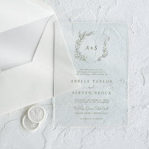 Minimal Leaf Green Monogram Greenery Boho Wedding Acrylic Invitations