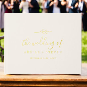 Minimal Leaf Ivory Gold Foil Monogram Back Wedding Guest Book