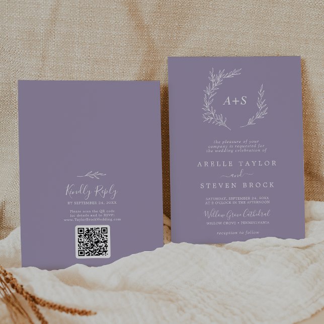 Minimal Leaf | Lavender Monogram QR Code Wedding Invitation (Creator Uploaded)