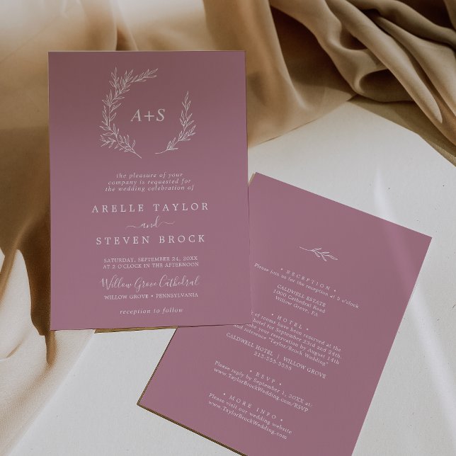 Minimal Leaf | Mauve All In One Wedding Invitation (Creator Uploaded)