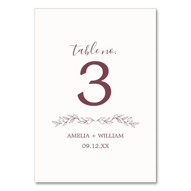 Minimal Leaf Monogram Wedding Table Number Card (Back)