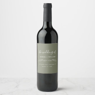 Minimal Leaf Monogram Wedding Wine Bottle Label
