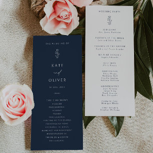 Minimal Leaf Navy Blue and White Wedding Program