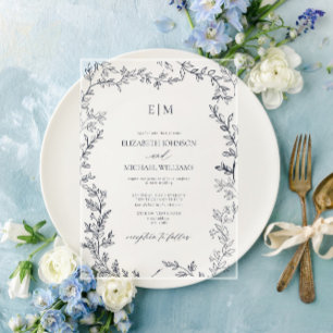 Minimal Leaf Navy Blue Elegant Monogram Wedding Acrylic Invitations