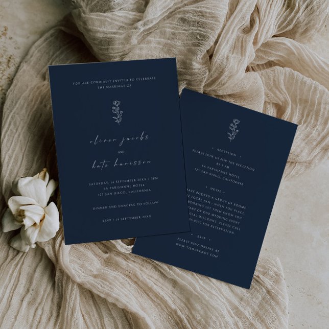 Minimal Leaf Navy Blue Front & Back Wedding Invitation (Creator Uploaded)