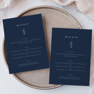 Minimal Leaf Navy Blue Wedding Dinner Flat Menu